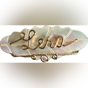 Vintage Carved Mother of Pearl Leaf Brooch with Name Lera in Gold wire 1.5”